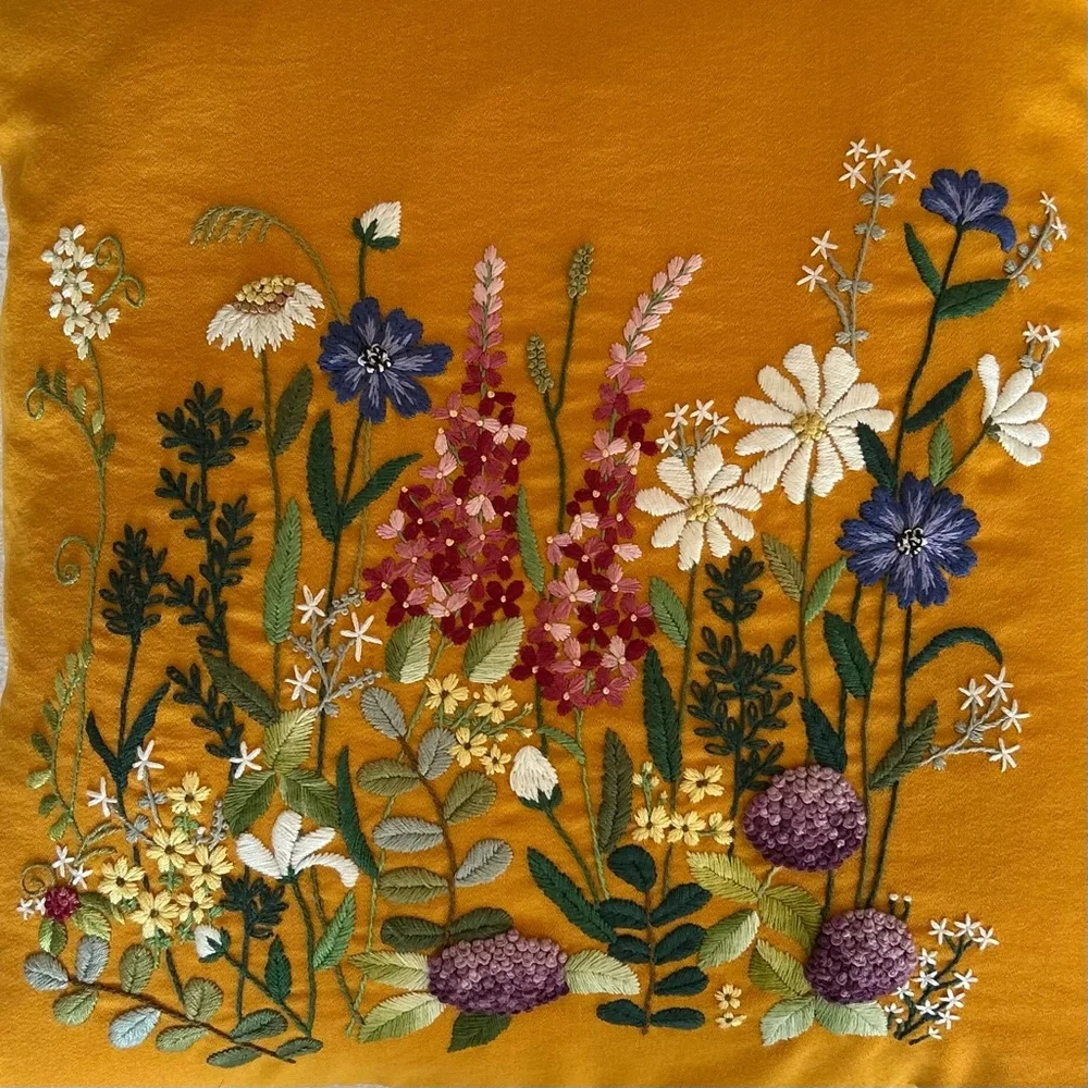 Handmade Floral Embroidered Marigold Colored 18” x 18” Decorative Pillow